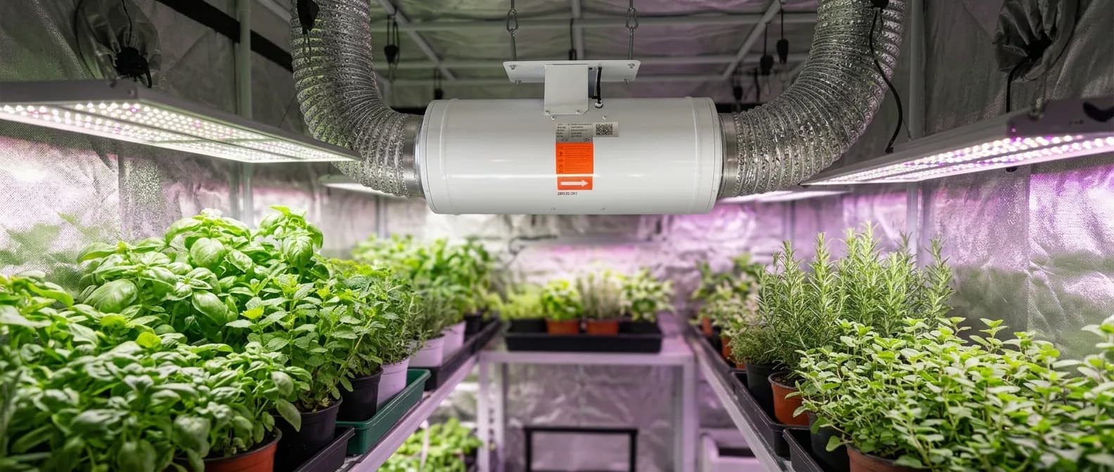 Extraktor EC Silence Inline Fan von Clivex installiert in einem Growraum